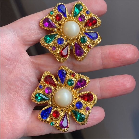 Gold Multicolor Faux Gemstone and Pearl Mogul Statement Cross Clip On Earrings - Picture 5 of 5